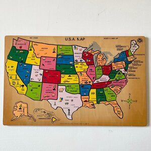 vintage wooden united states map puzzle kids children's USA America collectible
